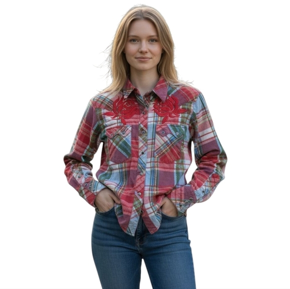 Western Denim Bank Plaid Western Snap Shirt Women's Medium - Picture 1 of 9